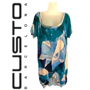 CUSTO BARCELONA Short Sleeve Scooped Neck HiLow Bruch Stroke Print Cardi…